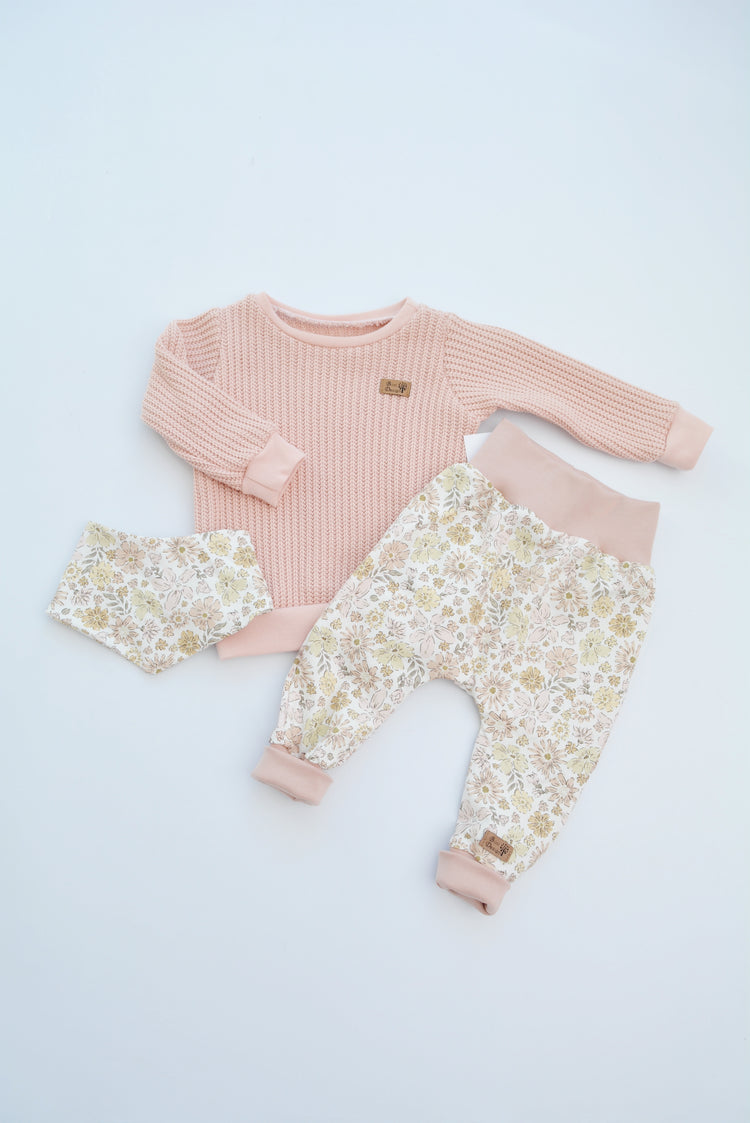 Sweater Strick rosa, Hose & Halstuch "Blumen" Gr. 74