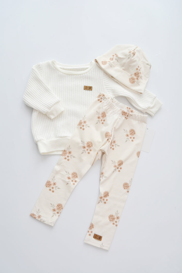 Outfit „Blumen“ (Sweater, Legging & Mütze) Gr. 74/80