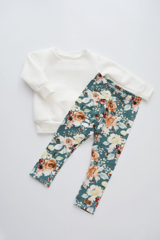 Outfit „Blumen“ (Sweater ecru & Legging) Gr. 74/80