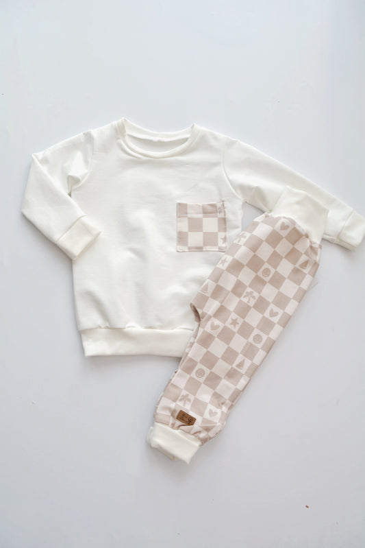 Outfit "Karo" (Sweater ecru & Hose) Gr. 86