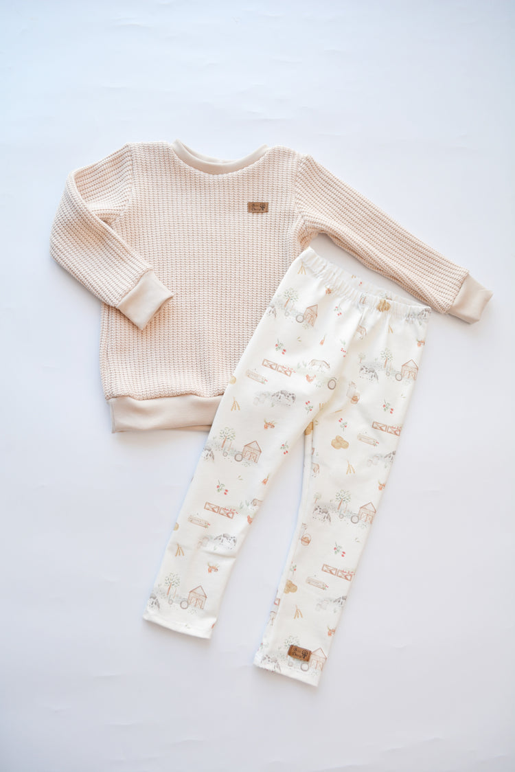 Outfit „Bauernhof“ (Sweater Strick beige & Legging) Gr. 86/92