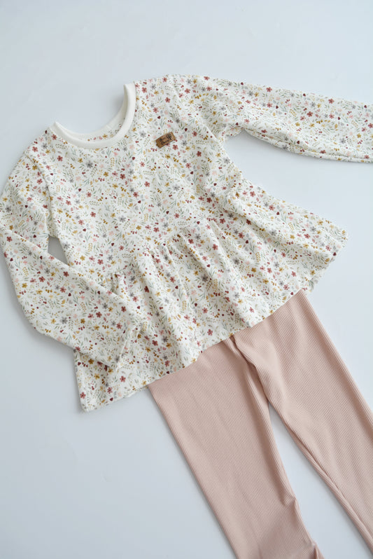 Outfit „Blumen“ (Shirt langarm & Legging Ripp Uni Rosa) Gr. 110/116