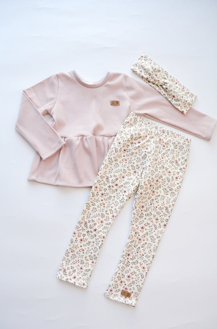Outfit „Blumen“ (Shirt langarm Ripp altrosa uni & Legging) Gr. 98
