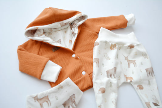 Outfit „Waldtiere" (Kaputzenjacke, Hose, Halstuch) Gr. 68