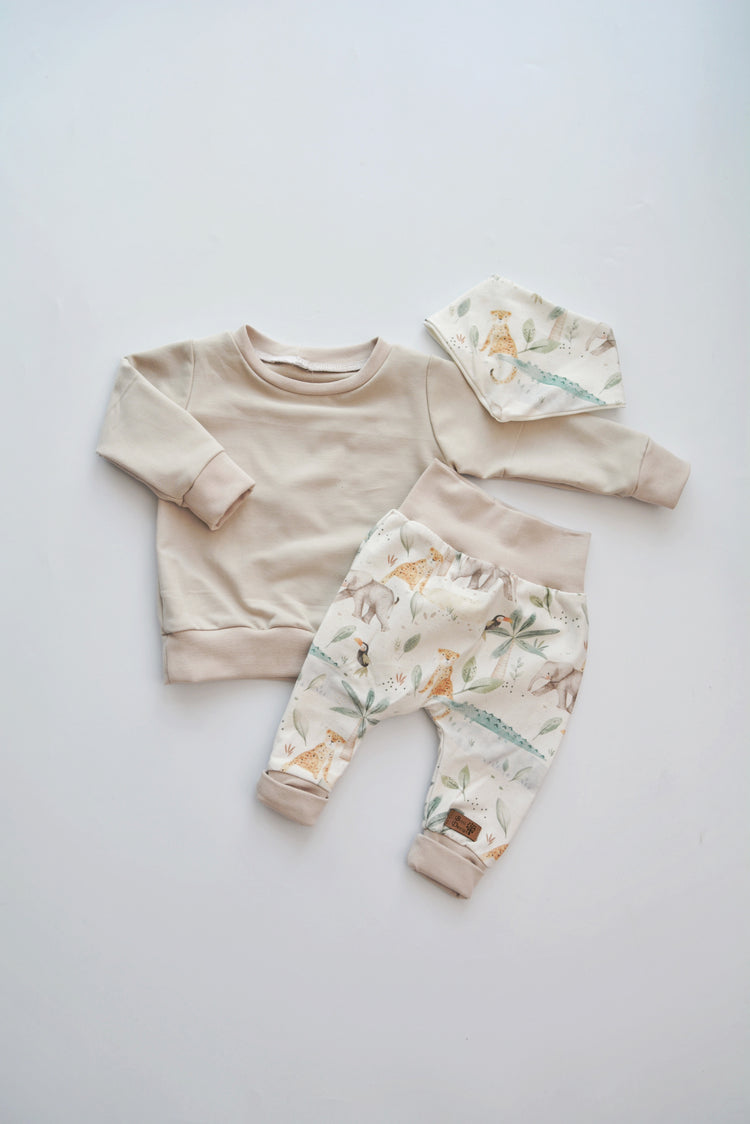 Outfit „Safari Tiere“ beige (Sweater, Hose & Halstuch) Gr. 62