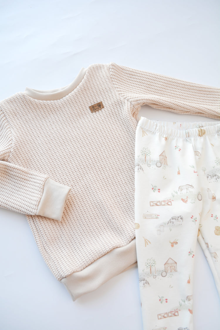 Outfit „Bauernhof“ (Sweater Strick beige & Legging) Gr. 86/92