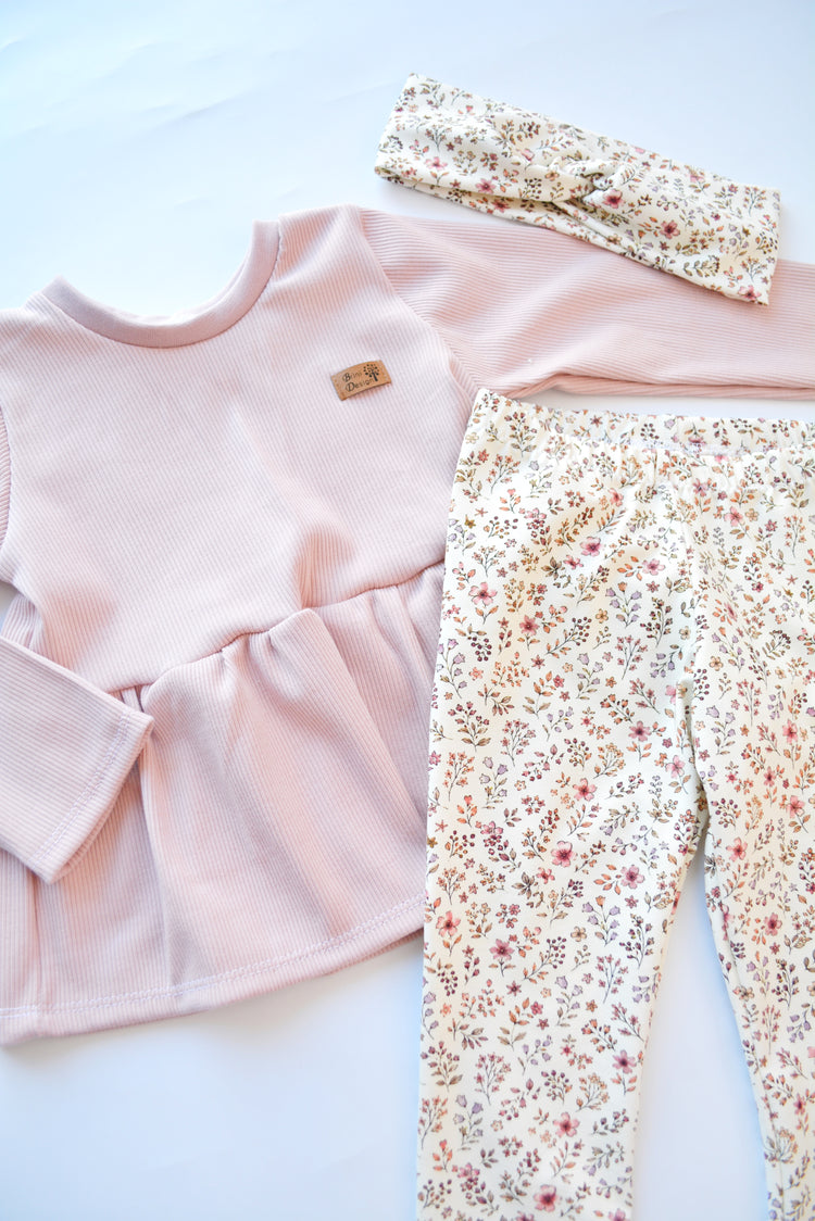 Outfit „Blumen“ (Shirt langarm Ripp altrosa uni & Legging) Gr. 98