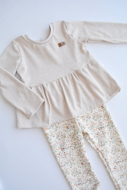 Outfit „Blumen“ (Shirt langarm Ripp beige uni & Legging) Gr. 98